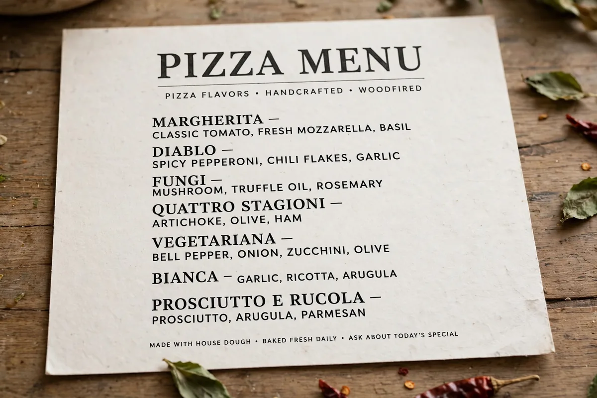 What does the Angels Pizza menu card show?