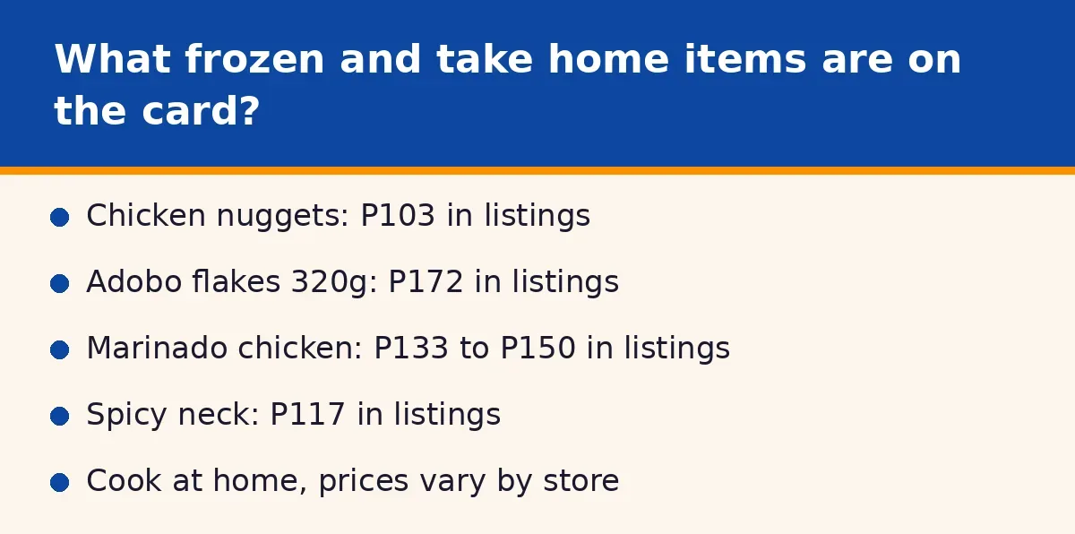What frozen and take home items are on the card?